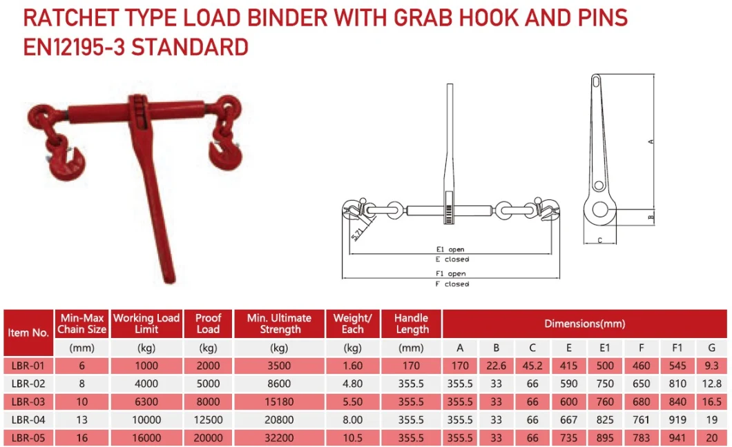 Cargo Control Ratchet Binder Ratchet Type Load Binder with Grab Hook and Pins